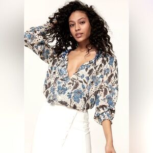 Joie Jaipur Floral Long Sleeve Smocked  Waist & Cuffs Clip Dot Peasant Top